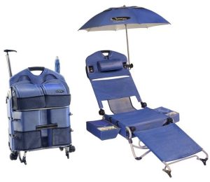 lounge chair with umbrella loungepac the portable beach chair featuring a fridge umbrella and sound system
