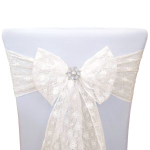 sash for chair lace bow with sparkly brooch ivory sq